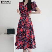 ZANZEA Vestido Midi Elegante Para Mujer Con Cintura Ajustada Estampado Floral Moda Coreana Manga Corta A-line Casual Fiesta - details 3