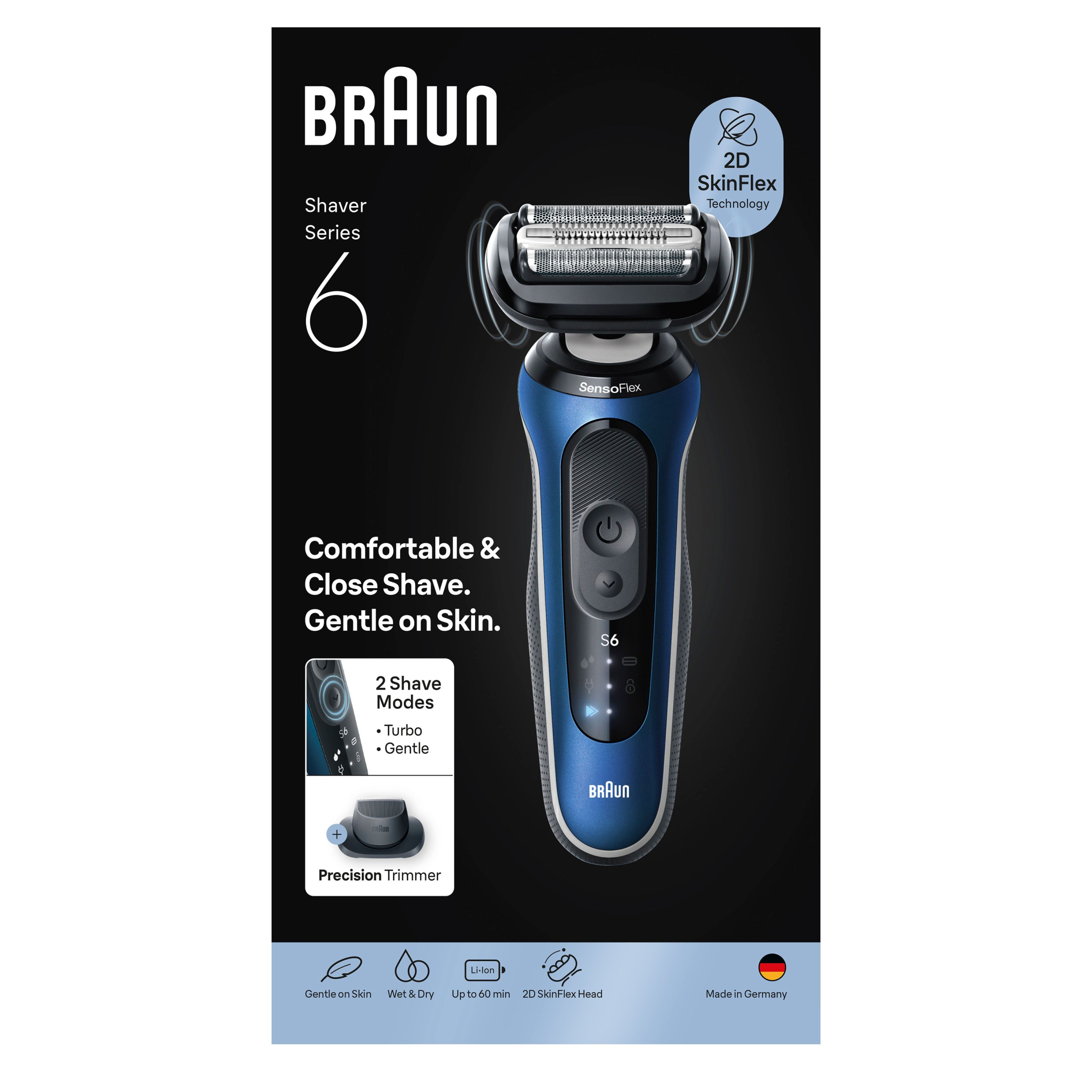 Braun Series 6 Afeitadora Eléctrica. Adaptación 2D al contorno, 2 modos de afeitado (turbo y suave), set de recortadora completo, 60 min de autonomía, en seco y mojado. Producto Europeo con Garantía Oficial.