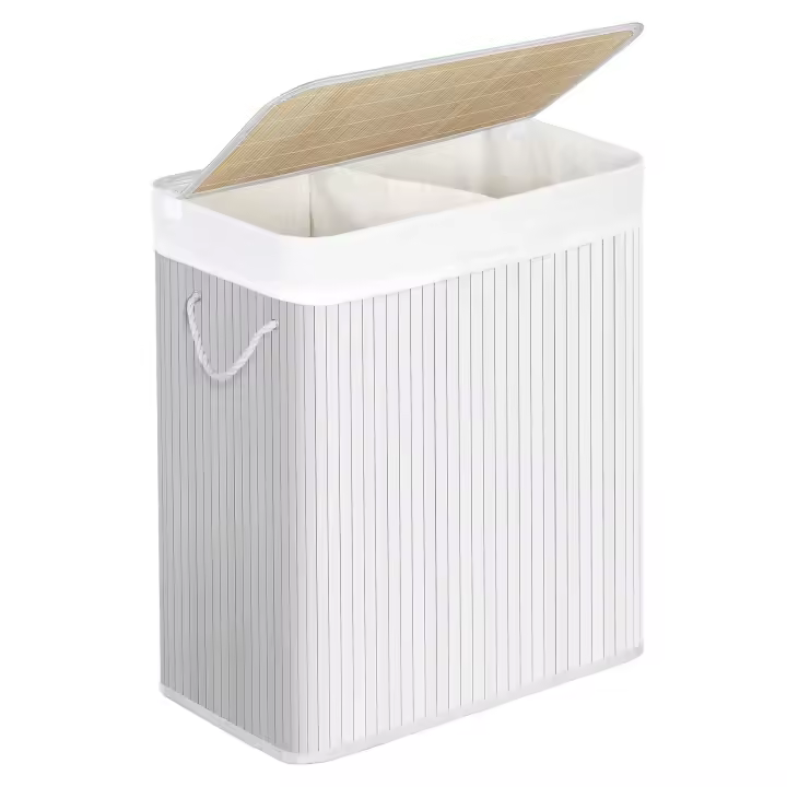 SONGMICS Cesta de lavandería con tapa, 2 compartimentos, de bambú, con bolsa extraíble lavable, bolsa extraíble, asas de algodón, 100 l, para colada, dormitorio, Blanco/Gris - 1