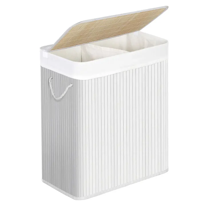SONGMICS Cesta de lavandería con tapa, 2 compartimentos, de bambú, con bolsa extraíble lavable, bolsa extraíble, asas de algodón, 100 l, para colada, dormitorio, Blanco/Gris - 1