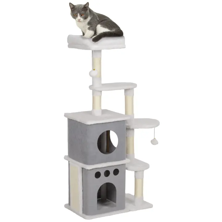 PawHut Árbol Rascador para Gatos 126 cm Torre para Gatos Rascador para Gatos con Nidos Plataformas Bolas Colgantes y Postes de Sisal Crema - 1