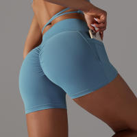 Shorts De Yoga Para Mujer Con Cintura Alta Y Bolsillos Diseño Cruzado Transpirables Y Secado Rápido Para Gimnasio Running Ejercicio - details 10