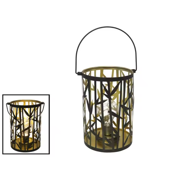 Lámpara Decorativa Vintage de Metal Gissed con Diseño de Bambú  Estilo Farolillo  Color Negro y Dorado  Ambientes Acogedores  Iluminación Cálida para Interiores y Exteriores  Tamaño 14x20 cm  Funciona con Bombilla E27  Ideal para Jardín - 1