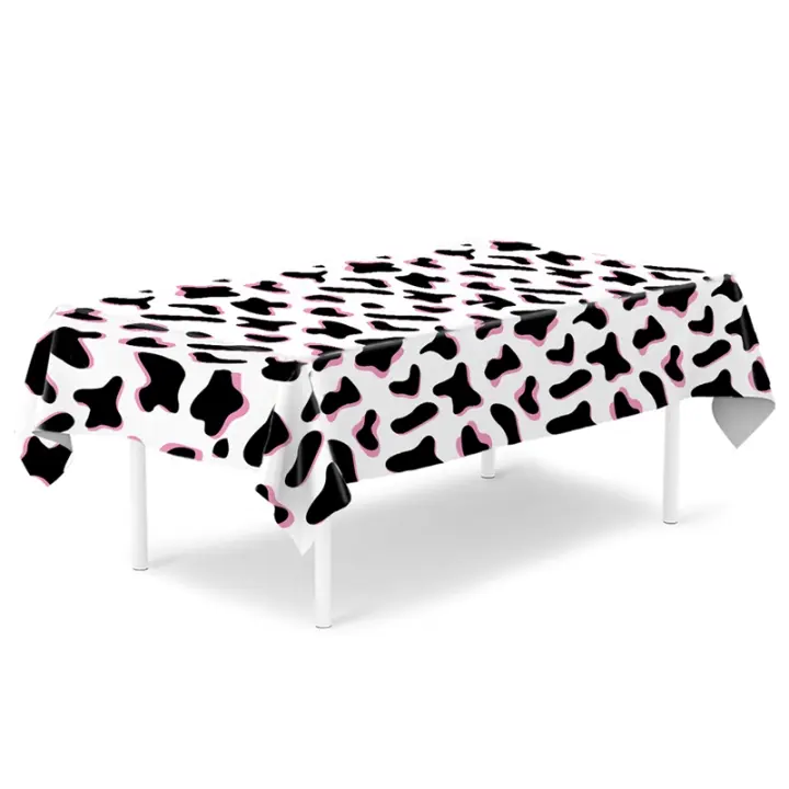 Mantel Desechable De Poliéster Y Algodón Con Estampado De Vaca En Blanco Negro Y Rosa Tema De Animales De La Granja Para Fiestas Cumpleaños - 1