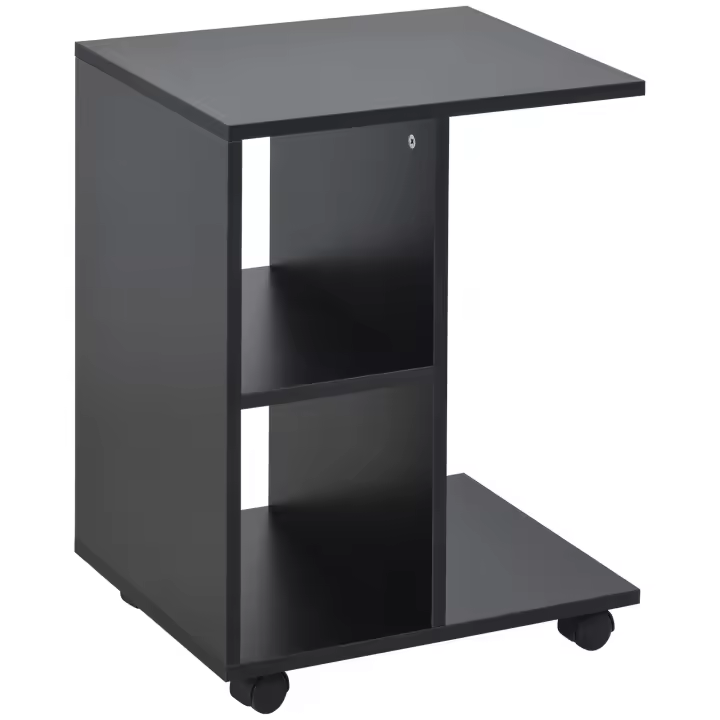 HOMCOM Mesita Auxiliar Moderno Mesa Auxiliar en Forma de C con Ruedas Estantes Abiertos para Salón Dormitorio 45x35x58 cm Negro - 1