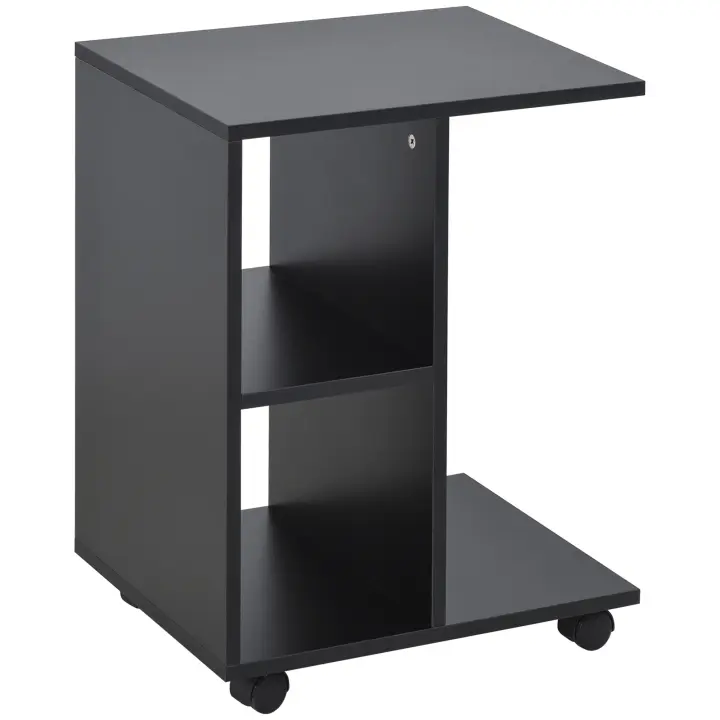 HOMCOM Mesita Auxiliar Moderno Mesa Auxiliar en Forma de C con Ruedas Estantes Abiertos para Salón Dormitorio 45x35x58 cm Negro - 1