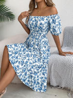Vestido Elegante De Primavera Y Verano Para Mujer Con Estampado Floral Cuello Cuadrado Manga Corta Volante Al Borde Vestido A-Line De Rodilla Casual - details 6