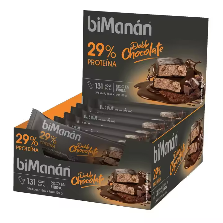 biManán  Barrita Proteica de Doble Chocolate que Ayuda a Tonificar la Masa Muscular, con Doble Cobertura de Chocolate Negro y Almendras, Contiene un 29% de Proteínas, Perfecta para Consumir Después del Ejercicio - Expositor 20 Unidades (700 g) - 1