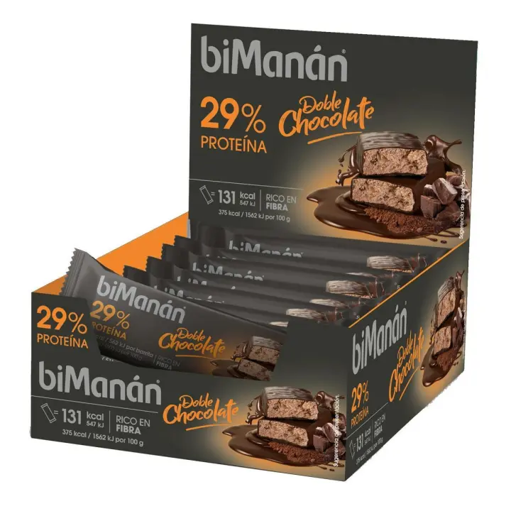 biManán  Barrita Proteica de Doble Chocolate que Ayuda a Tonificar la Masa Muscular, con Doble Cobertura de Chocolate Negro y Almendras, Contiene un 29% de Proteínas, Perfecta para Consumir Después del Ejercicio - Expositor 20 Unidades (700 g) - 1