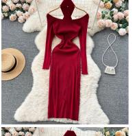 Vestido Largo Elegante De Otoño Invierno Para Mujer Con Cuello Haltera Y Cintura Ajustada Vestido Bodycon Coreano Para Oficina Vestidos De Suéter - details 15