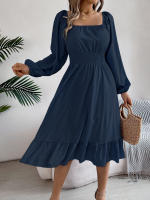 Vestido A-Line De Mujer Elegante Otoño Invierno Color Sólido Cuello Cuadrado Manga Larga Volantes Vestido Midi Casual Polyester Spandex - details 12