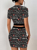 Conjunto De Dos Piezas Con Estampado En Todas Las Partes Falda Y Camiseta Cintura Elástica Estilo Casual Para Mujer - details 6