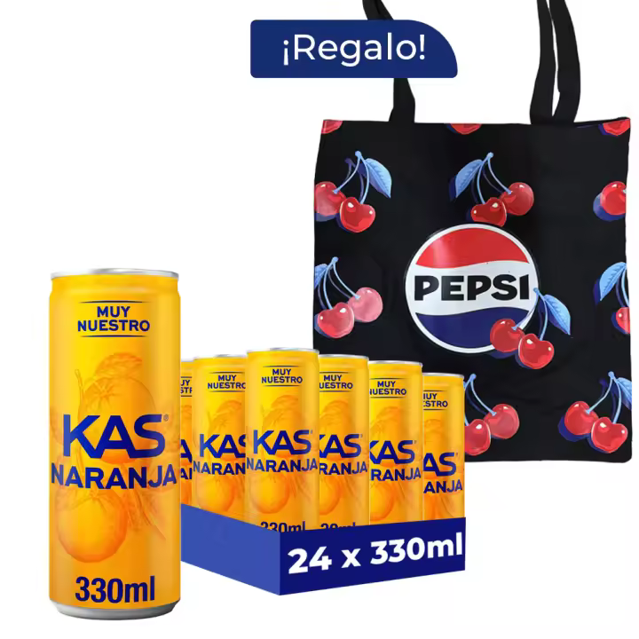 Pack Regalo Kas Naranja 24 Latas x 330 ml + Tote Pepsi, Refresco de Zumo de Naranja, Intenso Sabor Cítrico, Bebida Refrescante con Gas, Ideal para Compartir y Refrescarte en Cualquier Momento - 1
