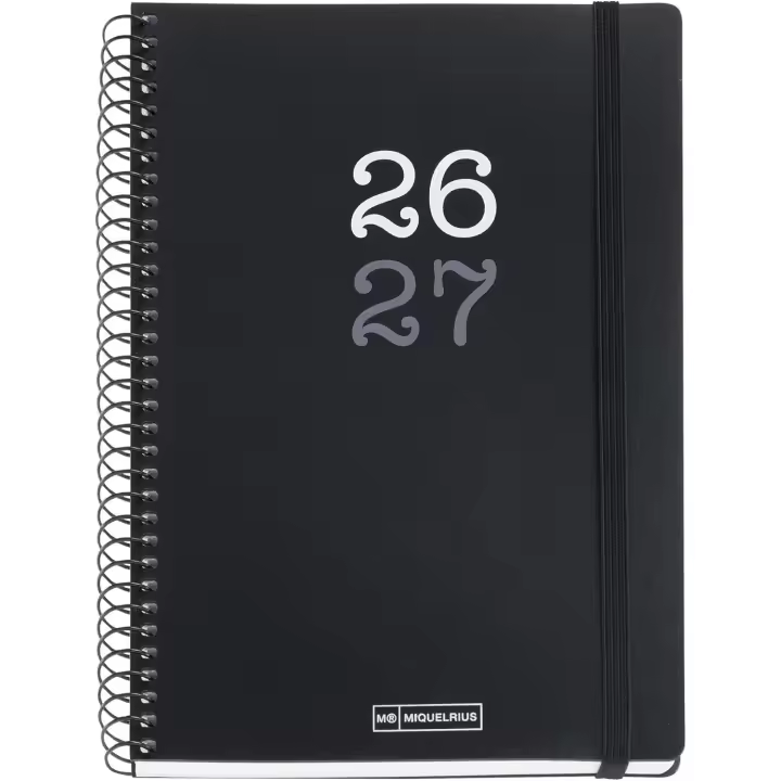Miquelrius MR21075 Agenda escolar 2026 2027 semana vista 12 meses, Tamaño A5+ (15×21,3 cm), Tapas de polipropileno, Espiral metálico a color, Cierre de goma, Cantos redondeados, Stickers, Español-EN, Negro - 1