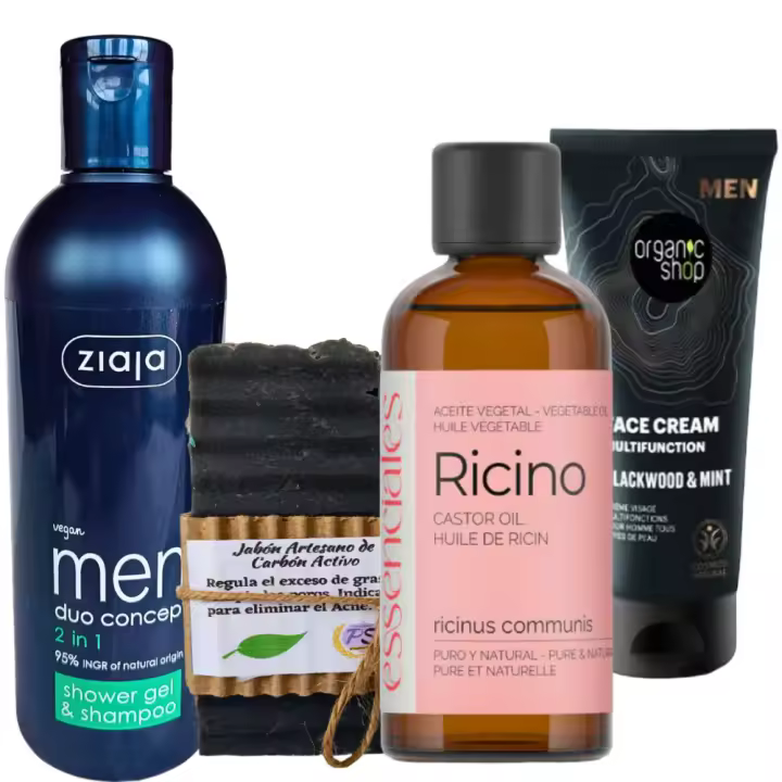 Pack Ahorro Hombre Facial Corporal. Crema Facial, Aceite puro de Ricino, Jabón Artesano de Carbón Activo y Champú + Gel 2 en 1. PumarShop Cinnia Natura. Ideal para Regalar. Apto Veganos. - 1