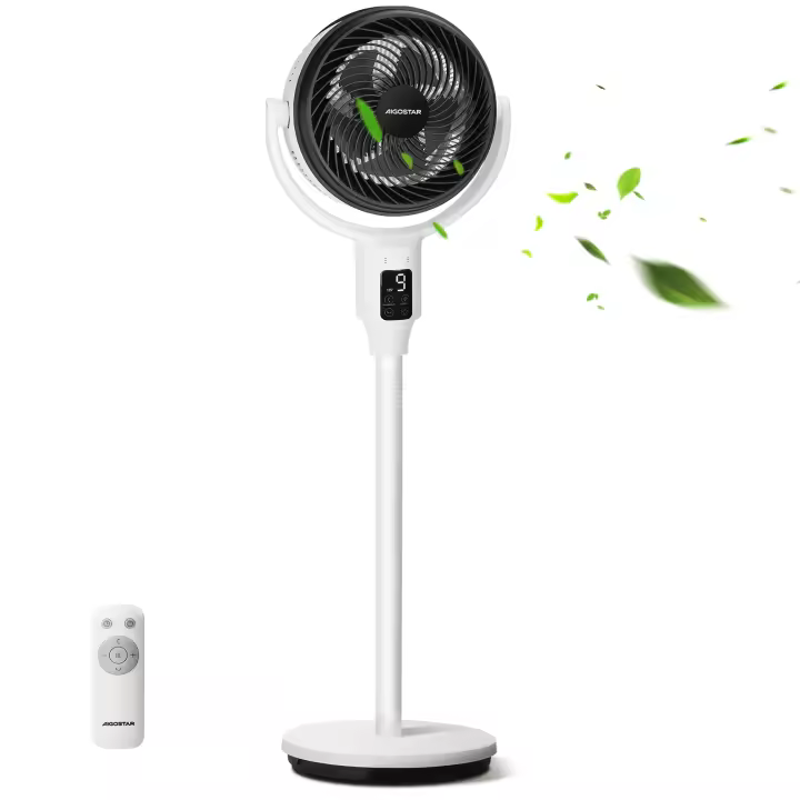 Aigostar Ventilador de Pie con Mando a Distancia, Temporizador 9h, 24W, Oscilante 135°, 9 Velocidades, 3 Modos, Altura Ajustable (61/109 cm). Silencioso, Pantalla LED - 1