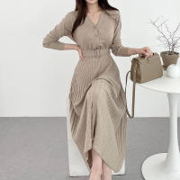 Vestido De Suéter Tejido Para Mujer Estilo Vintage A-Line Cuello V Manga Regular Botones Mid-Calf Talla Suave Otoño Invierno - details 4