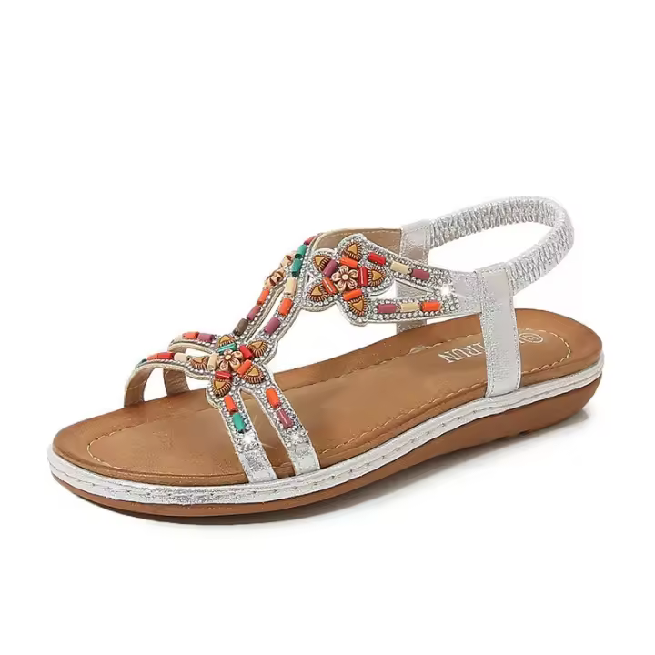 Zapatos de playa con diamantes de imitación 2025, cabeza redonda, tacón plano de alta gama, estilo hueco, cómodos zapatos de mujer para pleno verano - 1