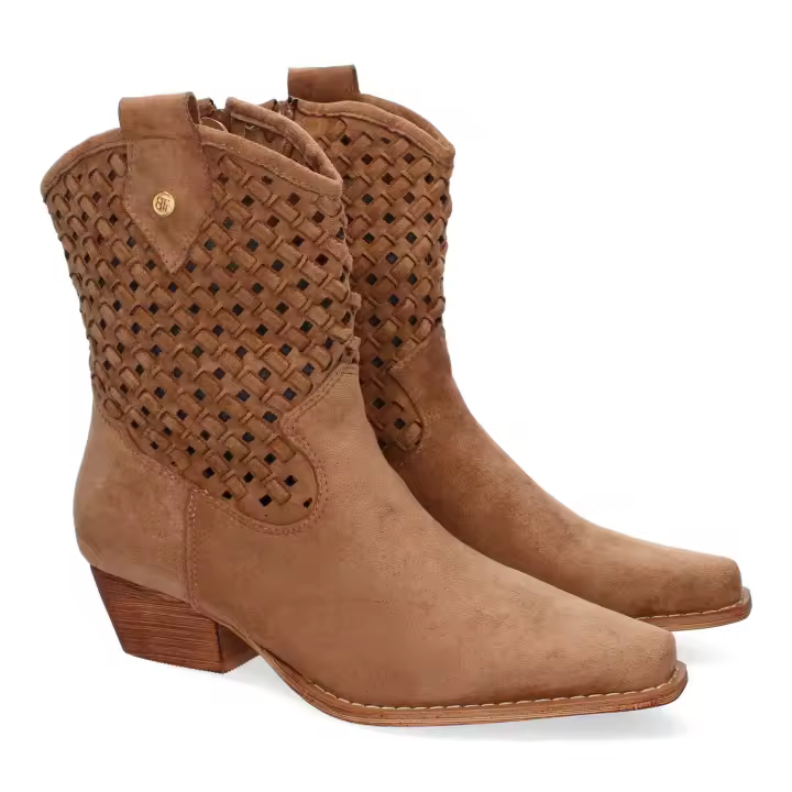 PuntoSalao Botines tacón bajo campero caña trenzada mujer color camel A-5166 - 1