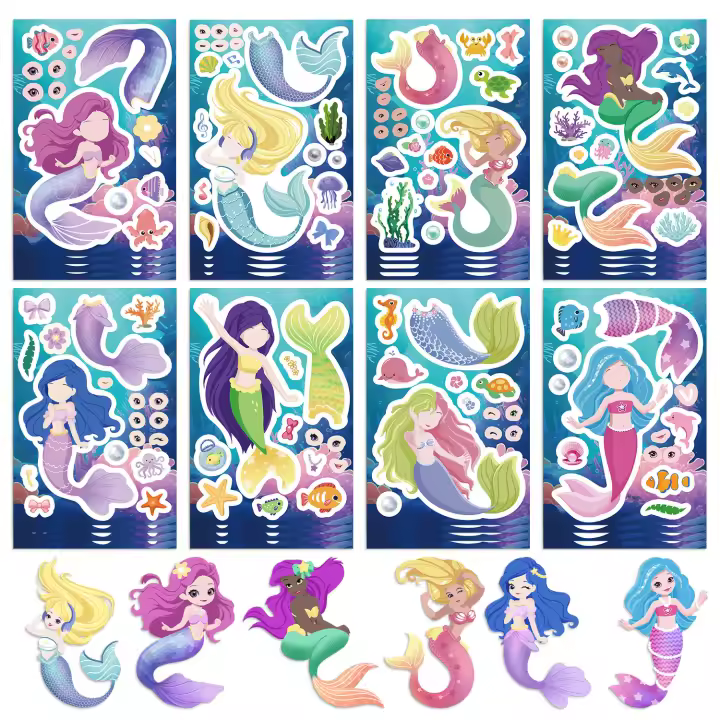 Puzle De Mermaids Princesa 8/16/24 Pcs Pegatinas Lindas Para Niños DIY Juguete Armar Rostro Resistente Al Agua Regalos De Fiesta - 1