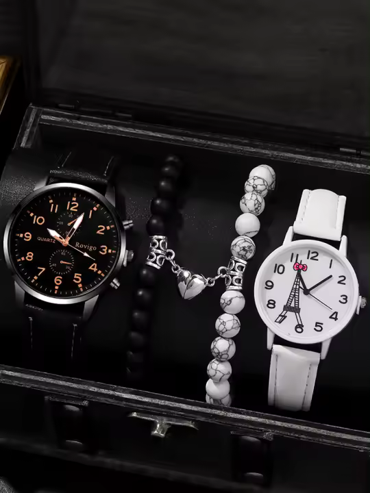 Juego De 4 Relojes De Moda Para Hombres Y Mujeres Estilo Simple Pulsera Magnética De Amor Para Parejas Material De Correa De Cuero Movimiento De Cuarzo - 1
