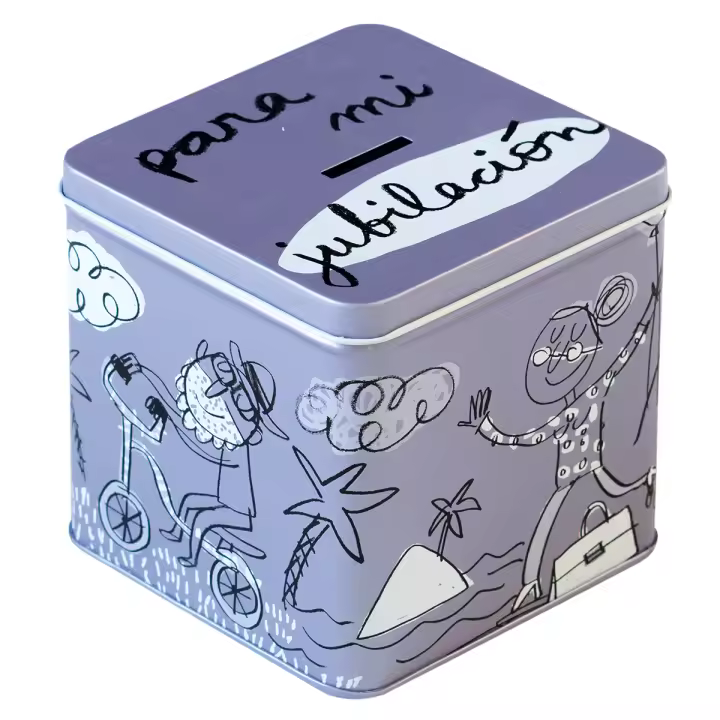 Hucha metálica "para mi jubilación" lila - Las Huchas Originales - Acabado mate - Apta para niñas & niños - Tamaño: 12x12xH12cm - 1