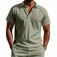 Camisa POLO de manga corta con solapa y botones, informal, de lino, transpirable, estilo británico, de verano para hombre - details 41