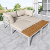 Juego de tumbonas de Jardín, Marco de Maple galvanizado, (2 asientos dos, 2 mesas auxiliares, 1 Mesa), encimera de Madera de Acacia, cubierta de Tela para respaldo, beige - details 0