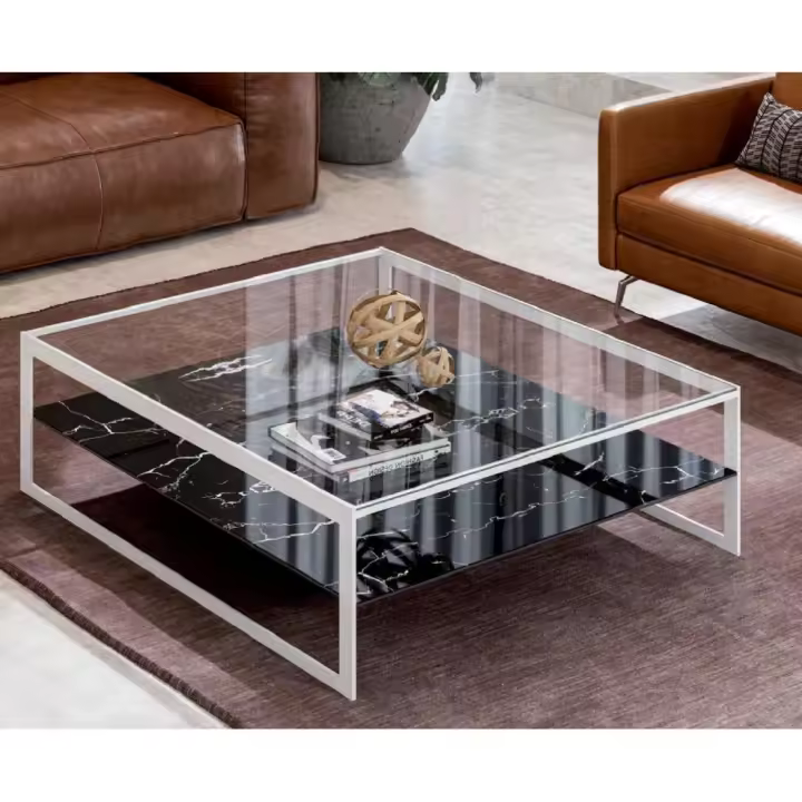 CRISTALERIA CRESPO - Mesa de Centro Metal Lacado Blanco y Tapa de Cristal 90x90 AX22053 - 1