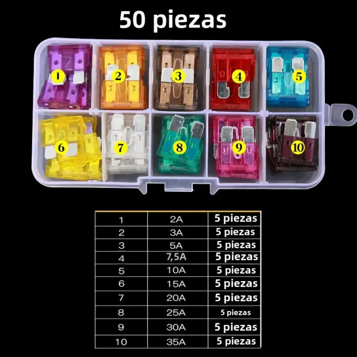 Juego De Fusibles Para Coche De Medio Tamaño Con Caja 100/50Ps Tipo Hoja 2.5/3/5/7.5/10/15/20/25/30/35A Para Automóvil Y Camión Material Plástico/Aluminio - 1