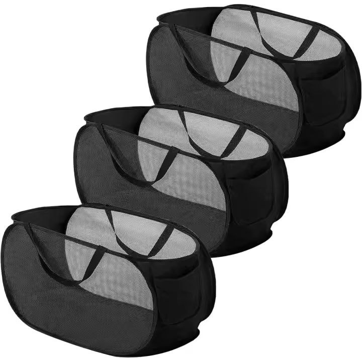 Cesta de Lavadería plegable, 3 piezas, cesta de Lavadería plegable, cesta de Lavadería de Malla, cesta de Lavadería plegable con ASA para dormitorio, habitación infantil y Viajes (Negro) - 1