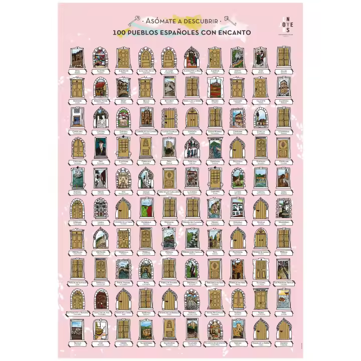 ENJOYERS - Lamina para Rascar 100 Pueblos de España con Encanto. Lamina Rascable Decorativa 65x45 cm. Mapa Poster para Pared Ilustrado a Mano. Lamina Viajes Regalo. Sin Marco - 1