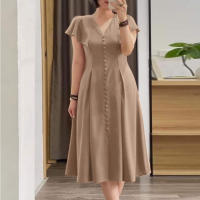 Vestido ZANZEA 2024 Elegante Vestido De Verano Para Mujer Con Manga Corta Plisado Estilo V-Neck Vestido Casual A-Line De Rodilla Solido OL - details 3