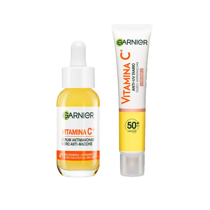 GARNIER | PACK Sérum Anti Manchas con Vitamina C, Niacinamida y Ácido salicílico. Reduce un 43% la intensidad de las manchas oscuras 30ml +  Garnier Vitamina C Fluido Antimanchas Anti-UV Diario Efecto Glow FPS50+, 40 ml - 1