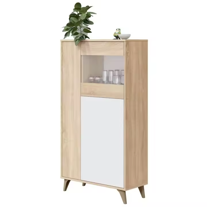 Vitrina de Cristal Aparador Roble Natural y Blanco 77cm Ancho, 33cm Fondo y 142cm Alto - HOGARDECORA - 1