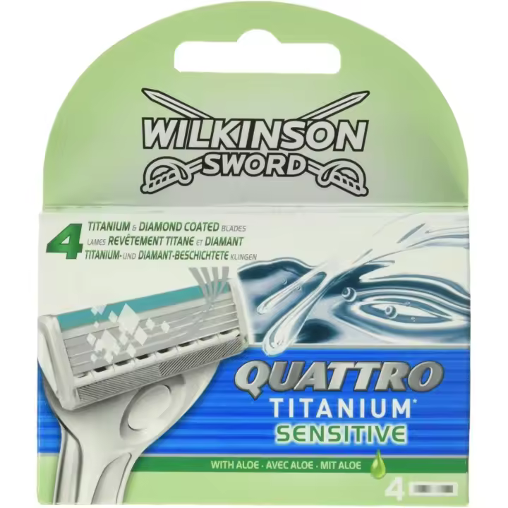 Wilkinson Sword Quattro Titanium Maquinilla Afeitar Sensitive 4 Recambios: Disfruta de un afeitado cómodo y eficaz con la maquinilla Quattro Titanium y sus recambios. - 1