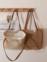 Bolso De Hombro Retro De Verano Con Bloque De Colores Y Hueco Bolso De Tela De Cuero Con Correa Tejida Gran Capacidad Casual - details 1