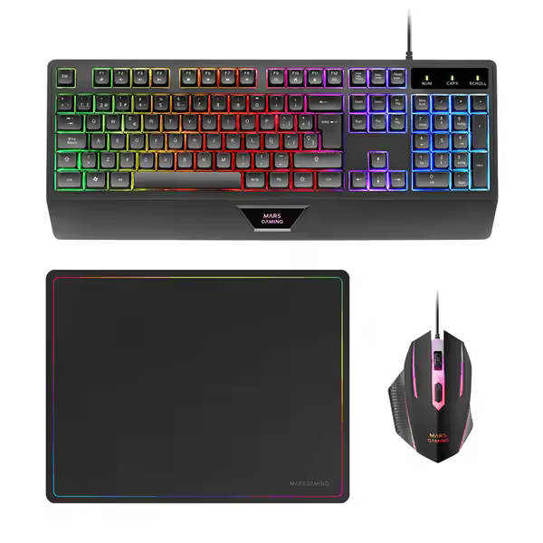 TECLADO MOUSE Y ALFOMBRILLA MARS GAMING MCP124ES RGB H-MECH, MOUSE HUANO RGB 3200dpi, ALFOMBRIL - 1