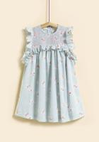 Vestido niña elegante Petit Alo azul flores rosas | Sin mangas, nido de abeja a mano bordado, 100% viscosa, lavable a máquina - details 0