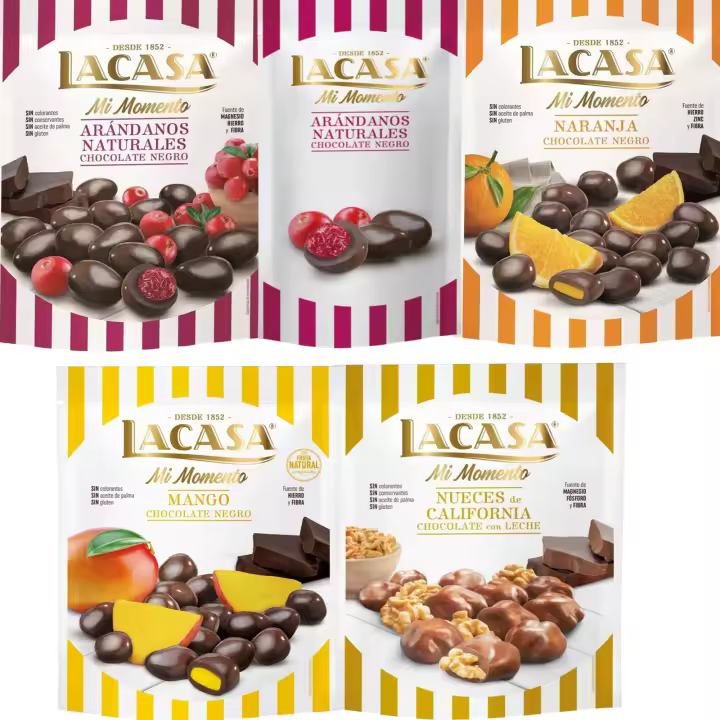Lacasa Mi Momento pack de 5:Arándano choco Negro 60G,Arándano choco Negro 125G,Nueces Leche 115G,Naranja choco Negro 125G,Mango choco Negro 115G - 1