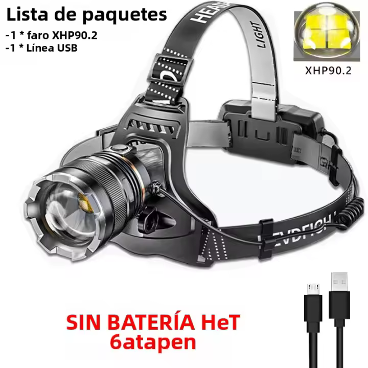 Linterna Frontal LED XHP90 Potente Recargable 1000M Con Batería 2*18650 Para Pesca Y Camping Luz De Cabecera Alta Eficiencia - 1