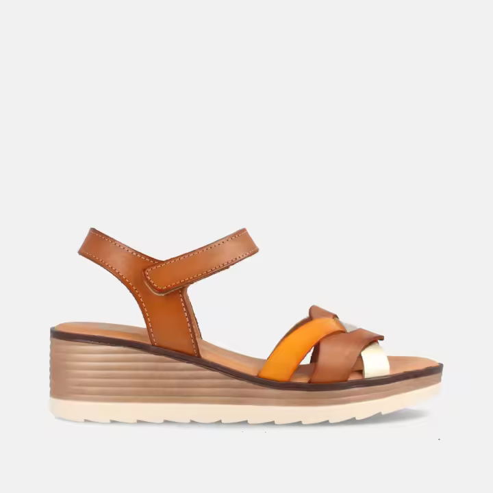 MARILA SHOES SANDALIA DE PIEL PARA MUJER CON CUÑA MEDIA CECILIA PLATINO Y AVELLANA - 1