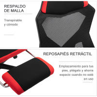 Vinsetto Silla de Oficina Ergonómica Silla de Escritorio Ajustable en Altura Giratoria 360° Reclinable hasta 135 Grados con Reposabrazos Reposapiés Retráctil 58x63x112-122 cm Rojo - details 4