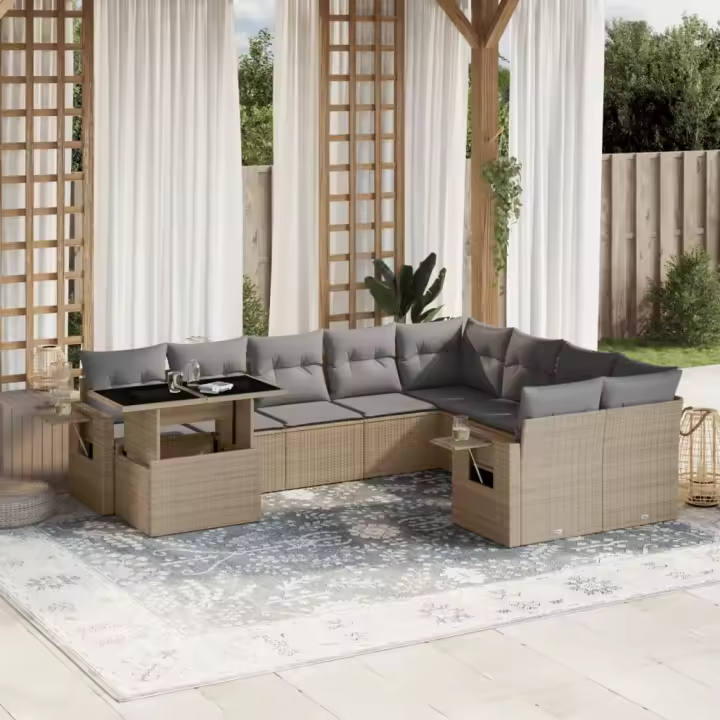 vidaXL Juego de sofás jardín con cojines beige 10 pzas ratán sintético - 1