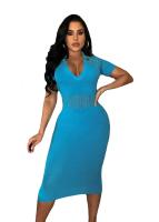 Vestido Midi Bodycon De Mujer Con Cuello En V Y Manga Corta Tejido En Knit Para Fiesta Y Calle Moda 2024 Vestido De Noche - details 9