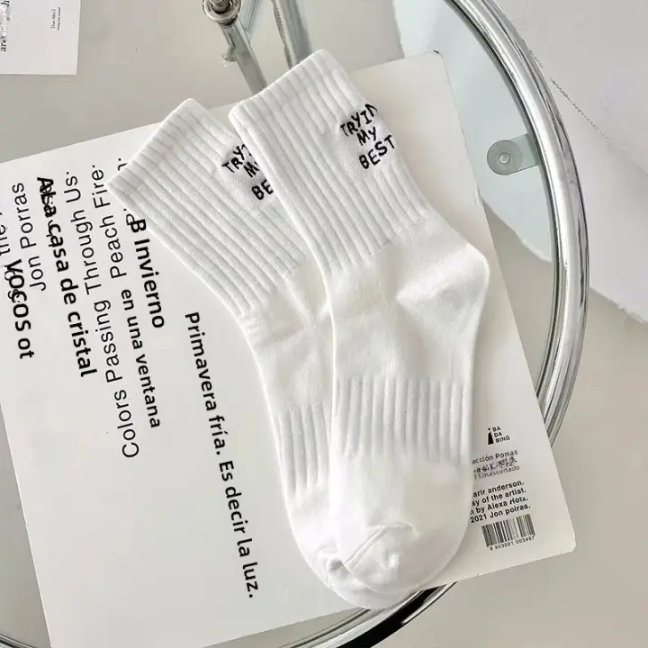 Calcetines De Mujer Estilo Japonés Bordados Con Letras Transpirables Para Primavera Verano Deporte Calcetines Blancos Para Niñas - 1