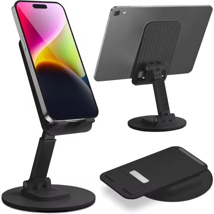 Height Adjustable Metal Mobile Phone Stand with 360° Rotating Base - Mobile Phone Holder Compatible with All iPhones and Android Smartphones (Black) - 1