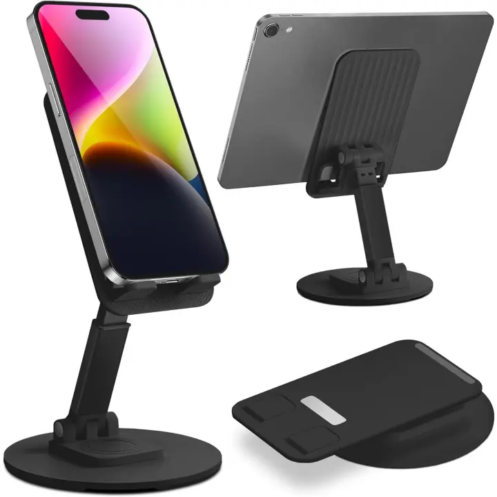 Soporte de teléfono móvil de metal ajustable en Altura with giratoria de 360 ° base-Soporte para teléfono móvil compatible con todos los iPhones y teléfonos inteligentes Android (Negro) - 1