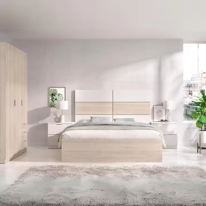 Conjunto de dormitorio Pack Astra 2 cabecero + 2 mesitas + aro + armario blanco/natural - 1