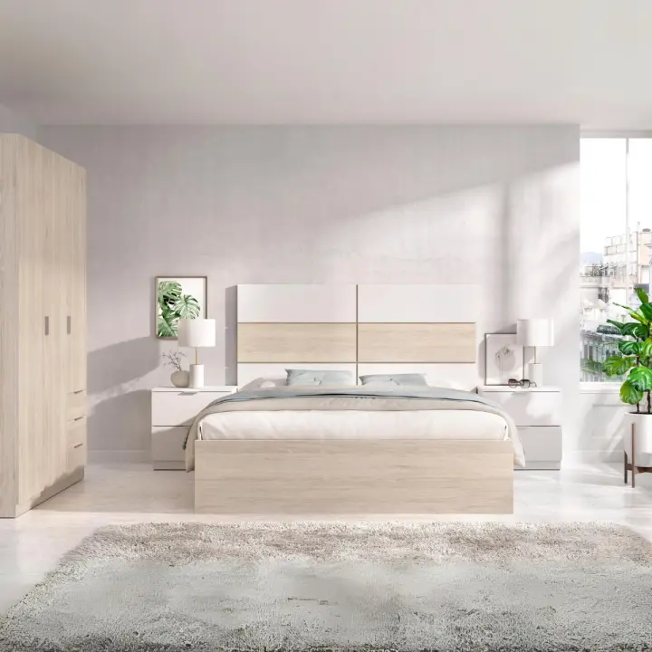 Conjunto de dormitorio Pack Astra 2 cabecero + 2 mesitas + aro + armario blanco/natural - 1